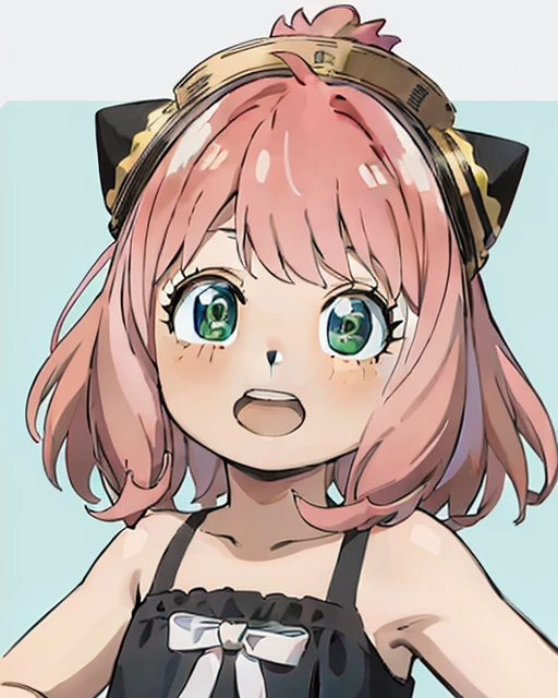 An anime girl with pink hair and green eyes with a surprised expression on her face and a black cat hat, (1girl:0.992), (:d:0.583), (bangs:0.701), (blush:0.584), (Green Eyes: 0.992), (Looking at the Audience: 0.711), (Open Mouth: 0.760), (Pink Hair: 0.917), (Ribbon: 0.826), (Short Hair: 0.571), (Smile: 0.855), (Solo: 0.949), (Teeth: 0.770), (Upper Body: 0.760)