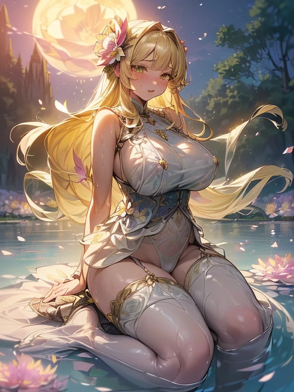 ((Finest quality)),(超A high resolution),(Ultra-detailed細),(Meticulous portrayal),((the most picturesque works of art),Ultra-Precision Art,The art of astounding depiction,Fantasyart:1.5, ((((Beautiful flowers々:1.5))), ((Body eroded by flowers:1.3)),(Glamorous body:1.3),fancy background effects、masterpiece、Fancy details、(NSFW 1.1), ((1girl in)), ((masutepiece)), ((Highly detailed:1.3)), In crystal clear water,beautiful woman entering the lake, ((long yellow hair)), Wet hair, Wearing a light transparent dress, clothed bathing, steam, (many petals floating on the lake:1.8), Early morning light, Ivory Gold AI, windows, Crepscular lighting, 、Lace sheer underwear、very very gigantic boobs、lace and string shorts.、princess carry,Sexy lingerie with lace and strings,See-through sexy lingerie,Transparent lingerie、translucent dress、pearlsescent、pearls、Sexy Harness、Sexy garter belt、Sexy Stockings、Well equipped,intimate, rose garden、Multicolored roses、lake with floating roses、Lying down、Open legs、Spread your legs、Open thighs、Immersion in water、Wet body、splash water、gorgeous flower decoration、big flowers、stylish hair、Moon, lantern, Night, Solo, playing in the water, Water, hair flower, flower, Outdoors, skyporn, full Moon, Rain, lantern, wet clothes, skyporn, wet hair (((masutepiece),(the Extremely Detailed CG Unity 8K Wallpapers),Best Quality,Cinematic lighting,Detailed background,Beautiful detailed eyes,Bright pupils, (extremely delicate and beautiful),(Beautiful and detailed eyes description), Ultra-detailed,masutepiece,)),((Yellow eyes))、