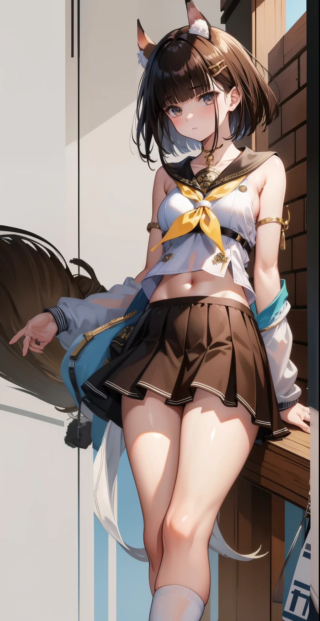 ((Highest quality)), ((masterpiece)), (detailed), (nsfw), image of anime video game character dressed in an outfit with a short skirt, 1girl, cheerleader, underwear, bike shorts, skirt, 独奏, breasts, black bike shorts, standing on one leg, open mouth, crop top, underboob, standing, pleated skirt, hair ornament, blush, thigh strap, black skirt, looking at viewer, multicolored hair, cameltoe, sweat, playground