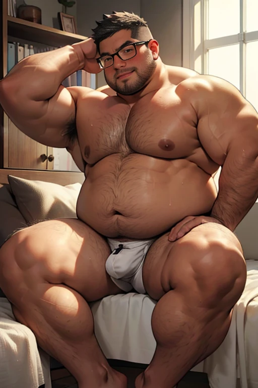 ​masterpiece,top-quality, in 8K, A fat manNaked, Spread legs, stretch and relax, nerdy, short legs, Bowleg, (fatness: 1.0), Blushing and relaxed fat man, looks sleepy, Bare belly, Bare legs, Shirtless, Glasses, thinning hair, Man with big face, Round face, Wet body, steams,wanking