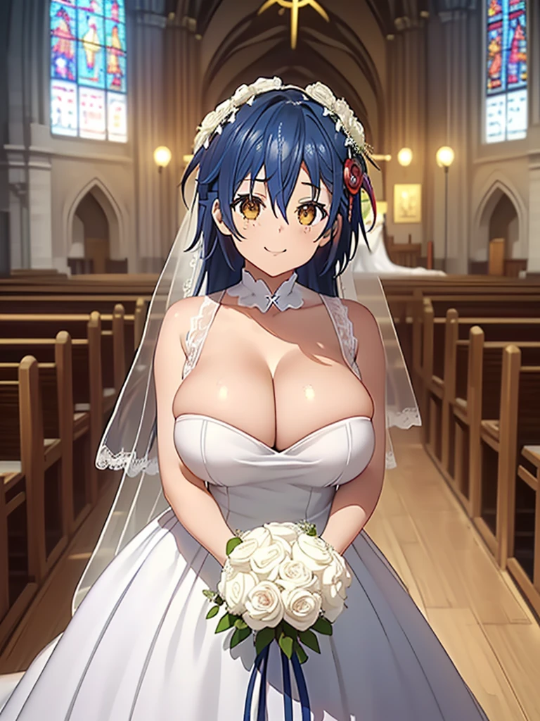 gran calidad ++ Extremely detailed high resolusionolution, very aesthetic, ojos expresivos, (((Cara perfecta))), (((face symmetrical))), ((good anatomy)), (((manos perfectas))), (((8k))), UHD, Fondo de pantalla HD, (((alta calidra detallada, (((((1girl)))))), solamente, Obra maestra, La mejor calidad, high resolusion, Altamente detallado, (illustration), hermosos ojos detallados, (((combatant))), ((((Date A Live)))), (((itsuka shiori))), (((natsuru senou))), ((((itsuka shidou)))), (((blue hair))), (((brown eyes))), (((straight hair))), (((long hair))), (((anime))), (((mature female))), (((gigantic breasts))), (((church))), (((wedding dress))), labios brillantes, They are smiling, guantes largos de raso blancos hasta el codo, cuerpo completo, Guantes blancos de codo, Dedos detallados, Dedos precisos, Manos no antinaturales, strange eye,