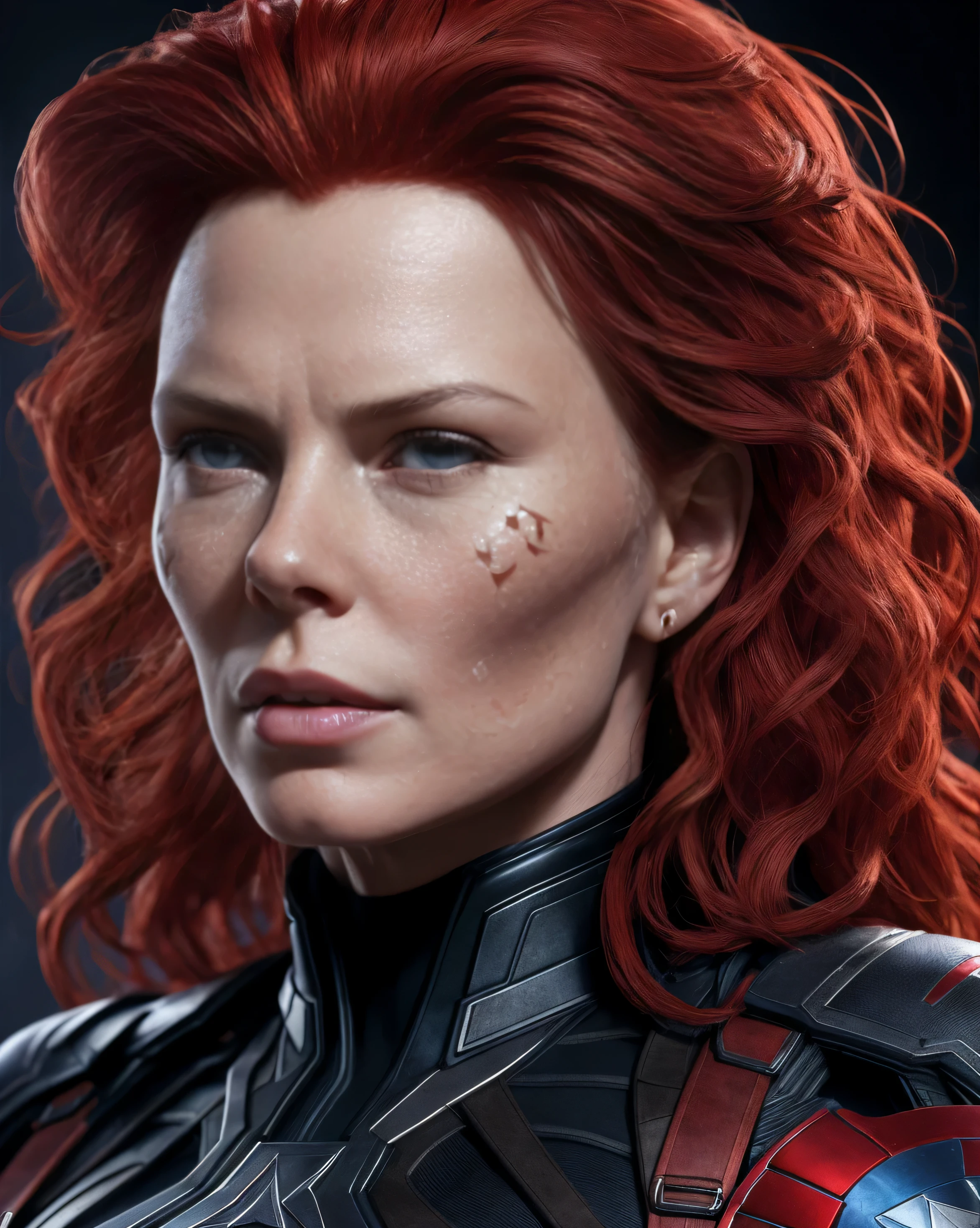 1girl, (NSFW),  Masterpiece, Best Quality, 8K, detailed skin texture, detailed cloth texture, Beautiful Detail Face, intricate details, Ultra Detailed, Black Widow in the style of the Captain America with the face of actress kim basinger, straight red hair, dynamicpose