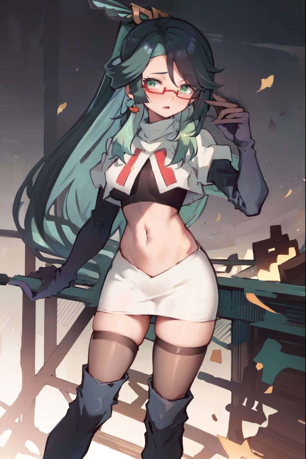 2d, masterpiece, best quality, anime, highly detailed face, perfect lighting, long hair, ponytail, multicolored hair, black hair, bangs, glasses, semi-rimless eyewear, earrings, green hair, hair ornament, jewelry, red-framed eyewear, green eyes, team rocket,team rocket uniform,white skirt,red letter R,crop top,black thigh-high boots,black elbow gloves, embarrassed, blush