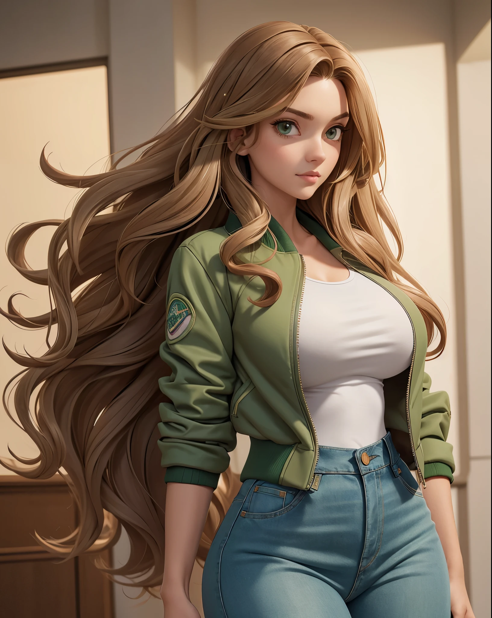 long curly light brown hair. Large, almond-shaped eyes, intense green. Slim and elegant figure. She was wearing worn jeans, a pastel-colored blouse, and a bomber jacket. She paired her outfit with white sneakers. Big boobs, big ass, nsfw