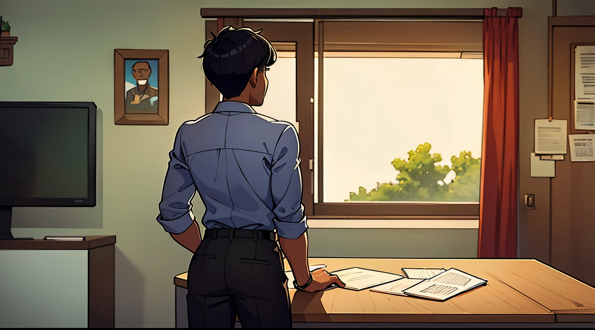 a young black man with his back turned with a script in his hand, camisa branca, escritorio, slightly distant view, 2d, disney,