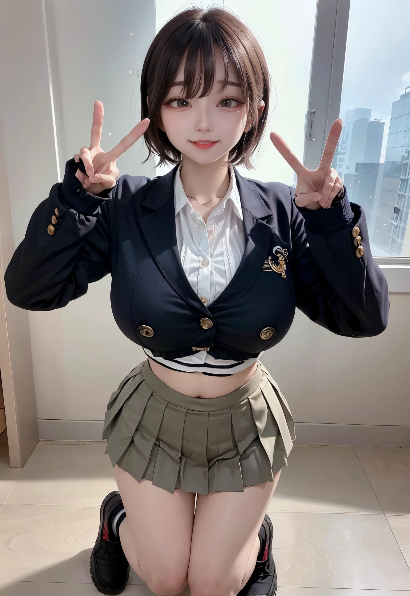 the Extremely Detailed CG Unity 8K Wallpapers,top-quality,ultra-detailliert,​(Double peace sign with both hands next to your face:1.3),realisitic,Photo Real,Bright lighting,extremely detailed cute girl,17 age,Innocent big eyes,A detailed eye,(Shorthair with black hair)),flawless skin,shinny skin,fair white skin,Fine skin,large full breasts,((perfect anatomia,nice hand,perfect hand,Five fingers connected to the palm of the hand,accurate hands without incongruity))、(office))、())、((blazers:1.5)))、((pleated skirt:1.5))、((Black High Socks))、((I button all the buttons on my shirt:1.4))、((huge-breasted:1.5))、Little devil smile,a small face,full body,,(),(Angle from above),(Smile happily),move in school classroom