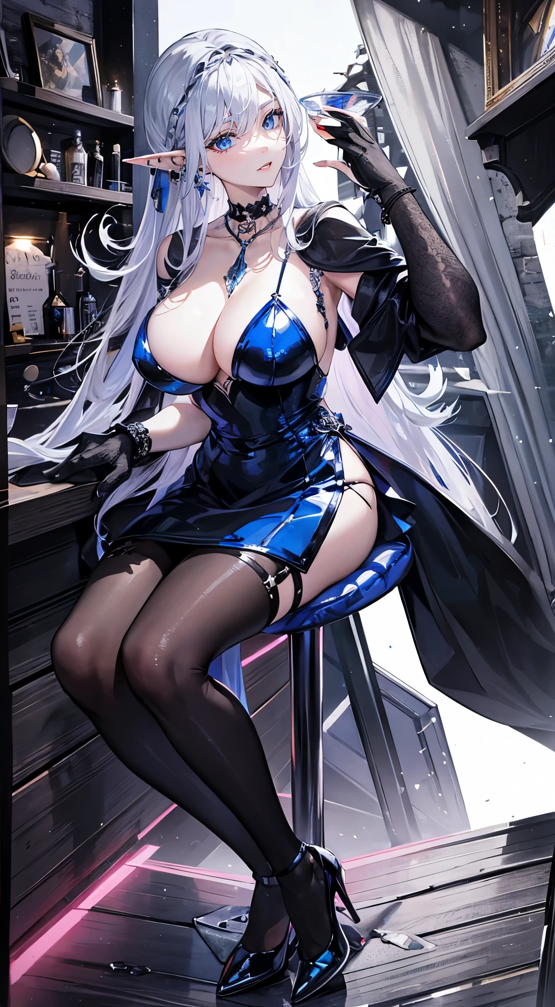 Body is extremely normal,close up,The world of dreams,Elf mature beauty, sliver long hair,tear-mole,精灵长耳ear studs,(ear studs),choker necklace,a pair of bracelets,Black strappy hip skirt,humanoid creature, paris bar background, Her skin is very white, White complexion,blue colored eyes,Long layers of silver hair, two longer legs,high-heels,Black stocking legs,nail art,tattoo is,Raise the goblet in your hand