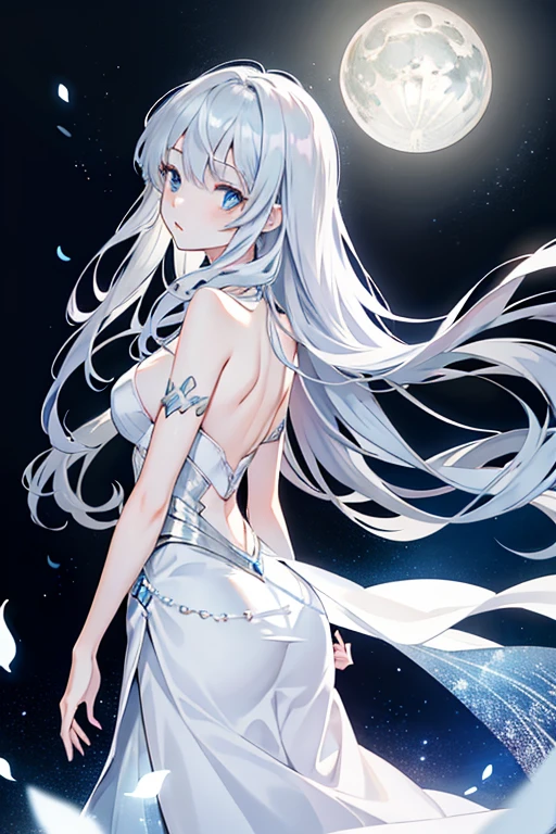 1girll, Solo, superfine illustration, extremely delicate and beautiful, Best Quality, Silver hair, Blue eyes, Cute, lovely, Elegant, Lunar surface, Moonlight, Dazzling, Shining, Radiant, glinting, Magical, Dreamy, Enchanting, Ethereal, mistic, Otherworldly, celestial, Futuristic.