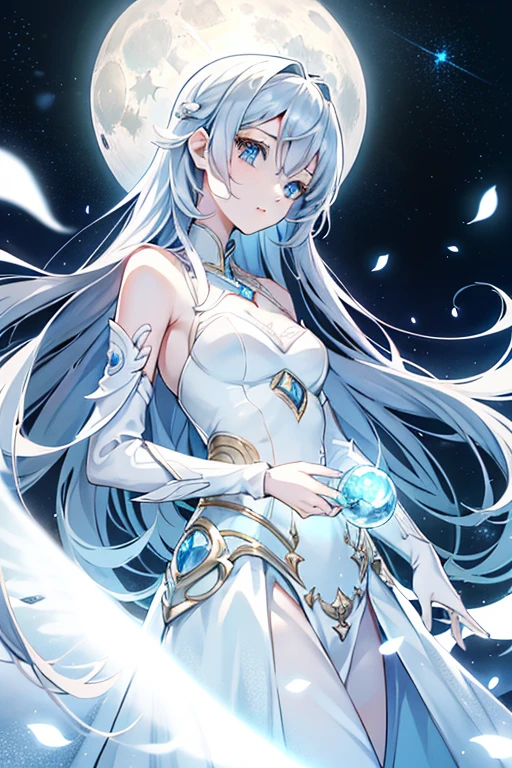 1girll, Solo, superfine illustration, extremely delicate and beautiful, Best Quality, Silver hair, Blue eyes, Cute, lovely, Elegant, Lunar surface, Moonlight, Dazzling, Shining, Radiant, glinting, Magical, Dreamy, Enchanting, Ethereal, mistic, Otherworldly, celestial, Futuristic.