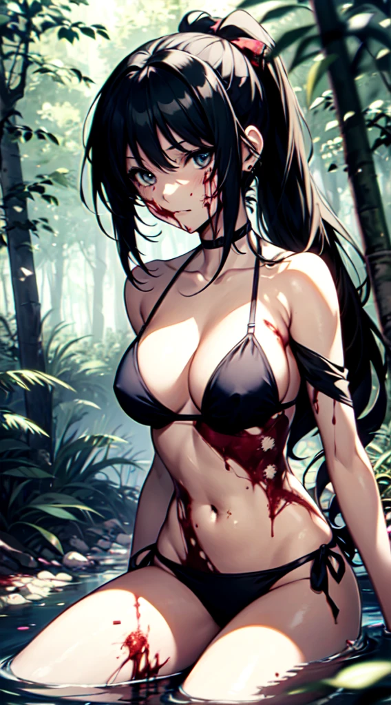 Anime girl wearing a string bikini,Black Hair, long-haired, long ponytail,มีBlood stains on the body..... Blood stains on bikini Blood stains on arms and legs, Blood stains on the body...Deep in the woods.,