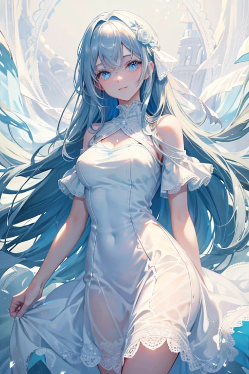 Long Light Blue Dark Color Hair　blue eyess　White lace dress　Rosa　A smile　​masterpiece　Top image quality　Clear　cinematic shadow　Increased attractiveness of the eyes　Clear the shine of the eyes　Draw eyelashes neatly　Perfect Eye　A detailed eye　Sharpen image quality　Sharpen eye writing　Clear eye shape
