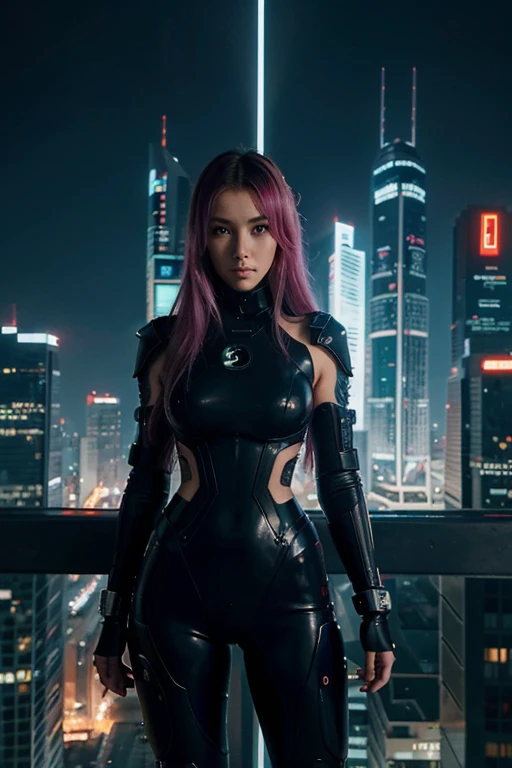 Desenvolva uma imagem de capa que retrate uma mulher deslumbrante, incorporando elementos de estilo futurista, cyberpunk e anime. Coloque-a em meio a uma cidade luminosa e futurista, where neons and skyscrapers create an immersive atmosphere. Destaque os detalhes intricados da personagem, ensuring a harmonious fusion between futuristic aesthetics and the distinctive features of the anime style. The image should convey a sense of elegance, mystery and futurism, criando um apelo visual cativante