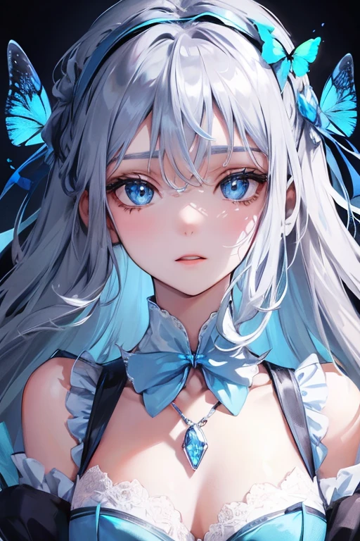 Glowing blue butterfly,mysterious maid clothes,wear a lace headband,There is a jewelry necklace around the neck,Gentle expression,Clear facial features,perfect bodies,1girll,blue color eyes,Long grey hair,