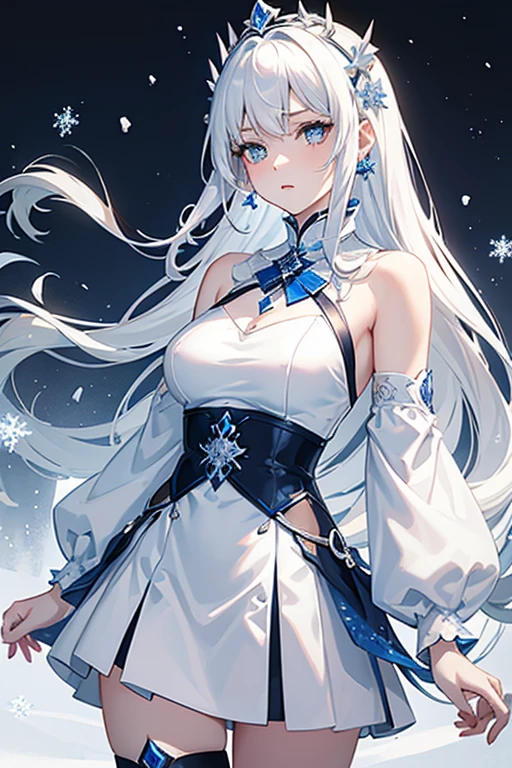 masutepiece, ighly detailed, Ultra-detailed, Cold, Solo, (1girl in), (pale skin), Icy Blue Eyes, Frosty white hair, Cool characters, Flat face, young  woman, Lady Chara, medium boobs, proud, which are full of confidence, Cold face, Goddess, Cool Kuudere Girl, Sharp eyes, (snowy background), snowflake rosen flower:0.5), (Calm expression), (Sparkling crystal rack modern casual clothes), (Snowy ground), (Icy breath)