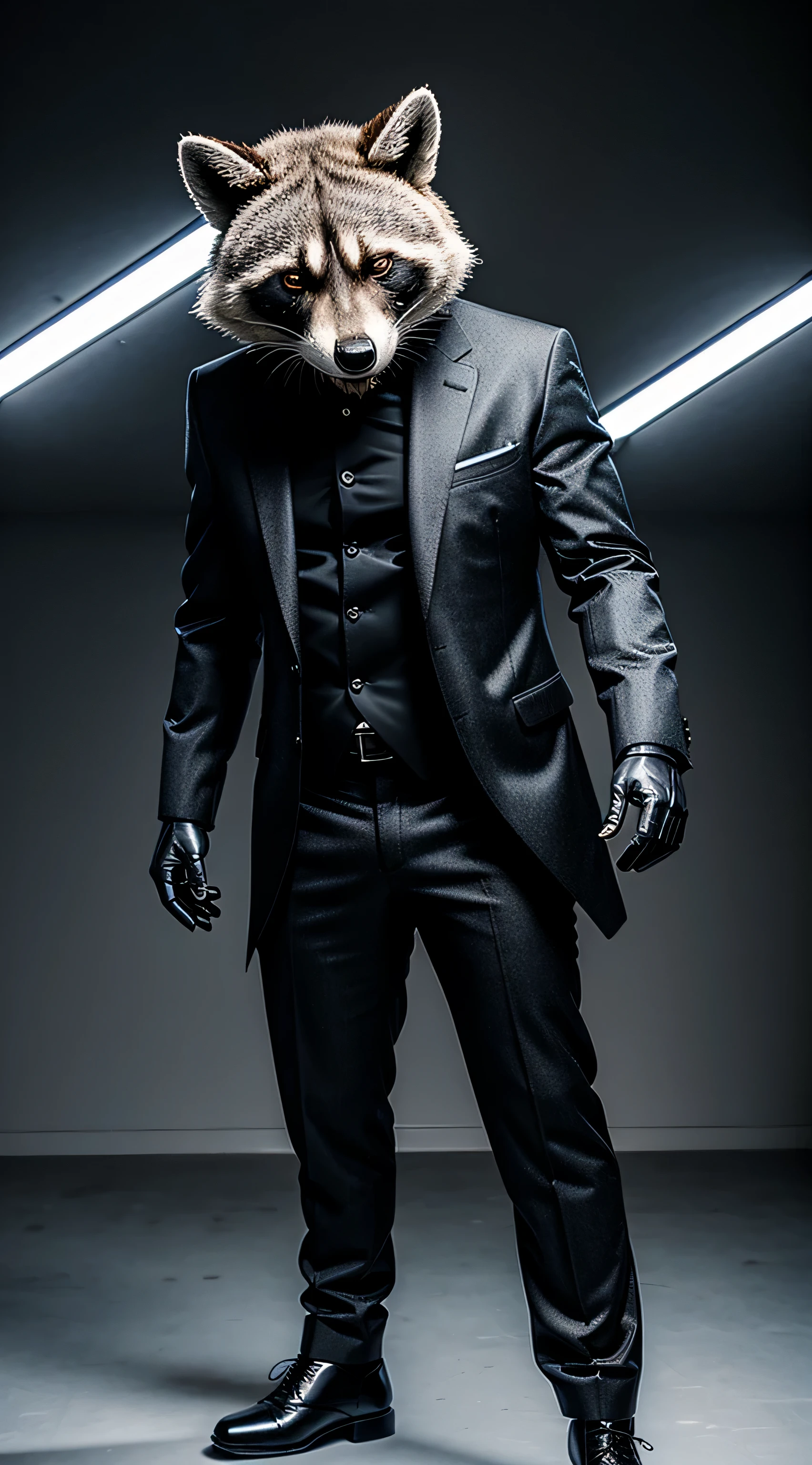 em um fundo branco, a man is wearing a black suit, black gloves and his head is that of a raccoon ((corpo inteiro):1.5). 16k, UHD, best possible quality, ultra detalhado, best possible resolution, Motor Unreal 5, fotografia profissional, Dedos bem detalhados, Very detailed hand, perfeito_Hands