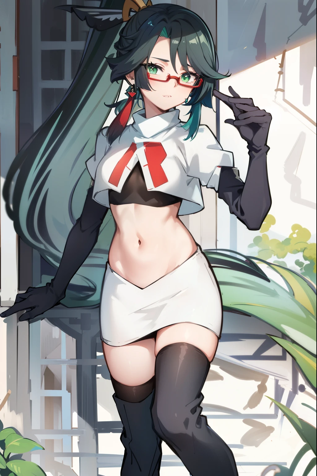 2d, masterpiece, best quality, anime, highly detailed face, perfect lighting, long hair, ponytail, multicolored hair, black hair, bangs, glasses, semi-rimless eyewear, earrings, green hair, hair ornament, jewelry, red-framed eyewear, green eyes, team rocket,team rocket uniform,white skirt,red letter R,crop top,black thigh-high boots,black elbow gloves,
