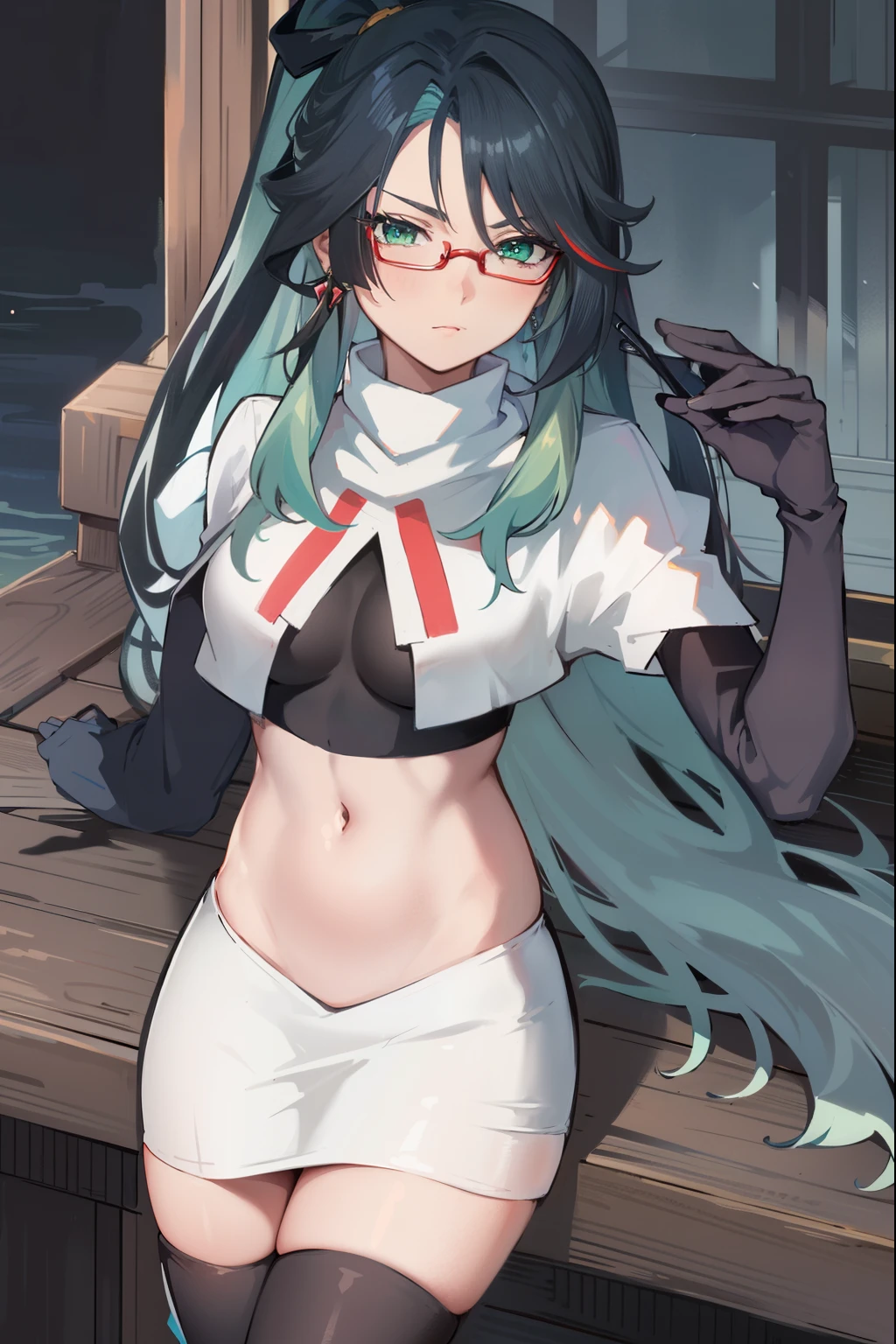 2d, masterpiece, best quality, anime, highly detailed face, perfect lighting, long hair, ponytail, multicolored hair, black hair, bangs, glasses, semi-rimless eyewear, earrings, green hair, hair ornament, jewelry, red-framed eyewear, green eyes, team rocket,team rocket uniform,white skirt,red letter R,crop top,black thigh-high boots,black elbow gloves,