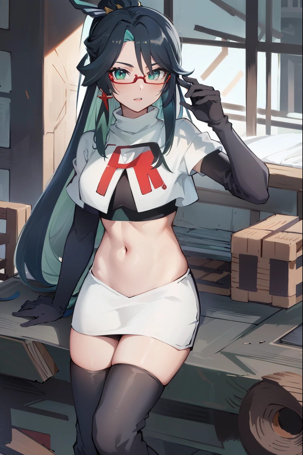 2d, masterpiece, best quality, anime, highly detailed face, perfect lighting, long hair, ponytail, multicolored hair, black hair, bangs, glasses, semi-rimless eyewear, earrings, green hair, hair ornament, jewelry, red-framed eyewear, green eyes, team rocket,team rocket uniform,white skirt,red letter R,crop top,black thigh-high boots,black elbow gloves,