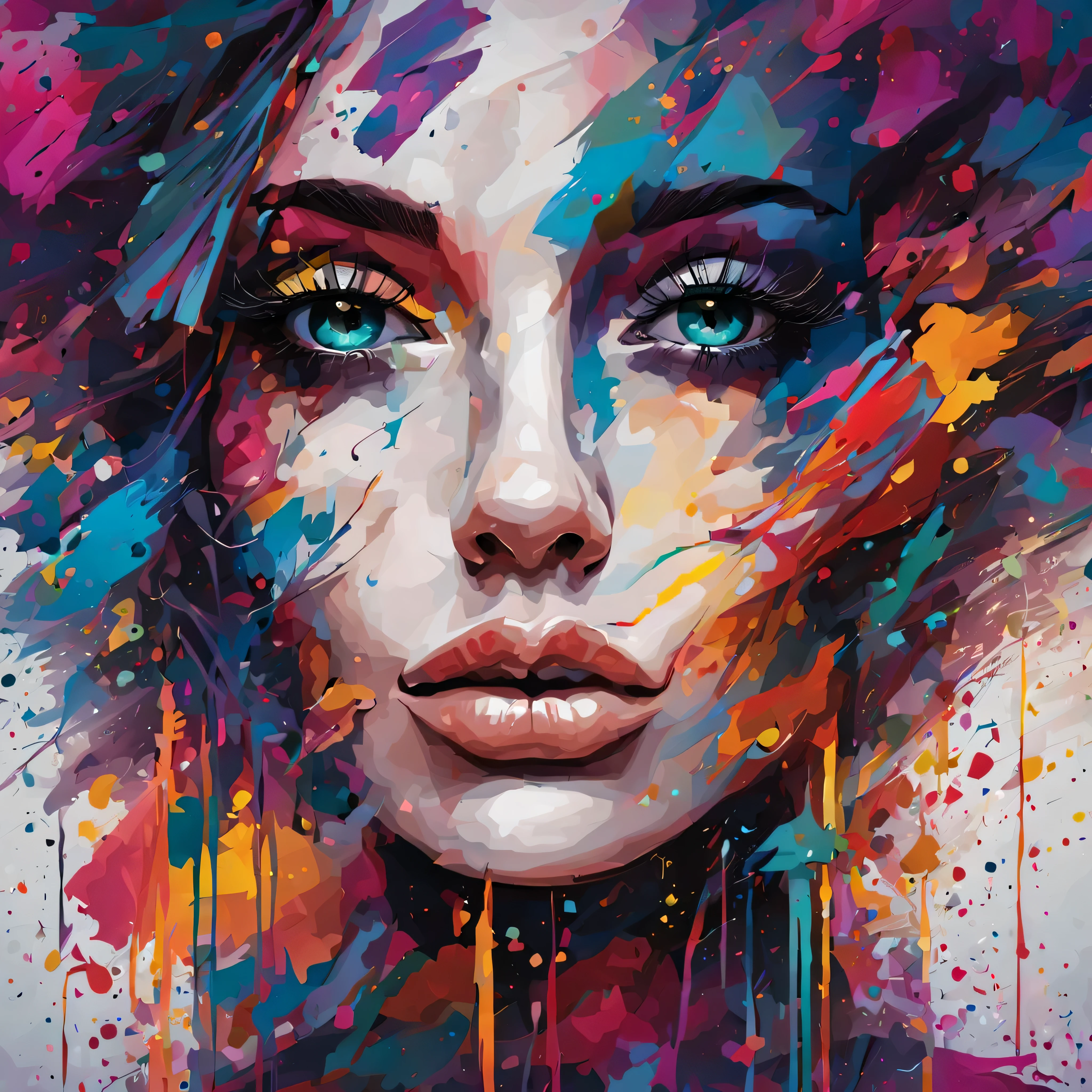 em um fundo abstrato com cores goticas um rosto de uma mulher aparece olhando pra frente estilo de arte digital
