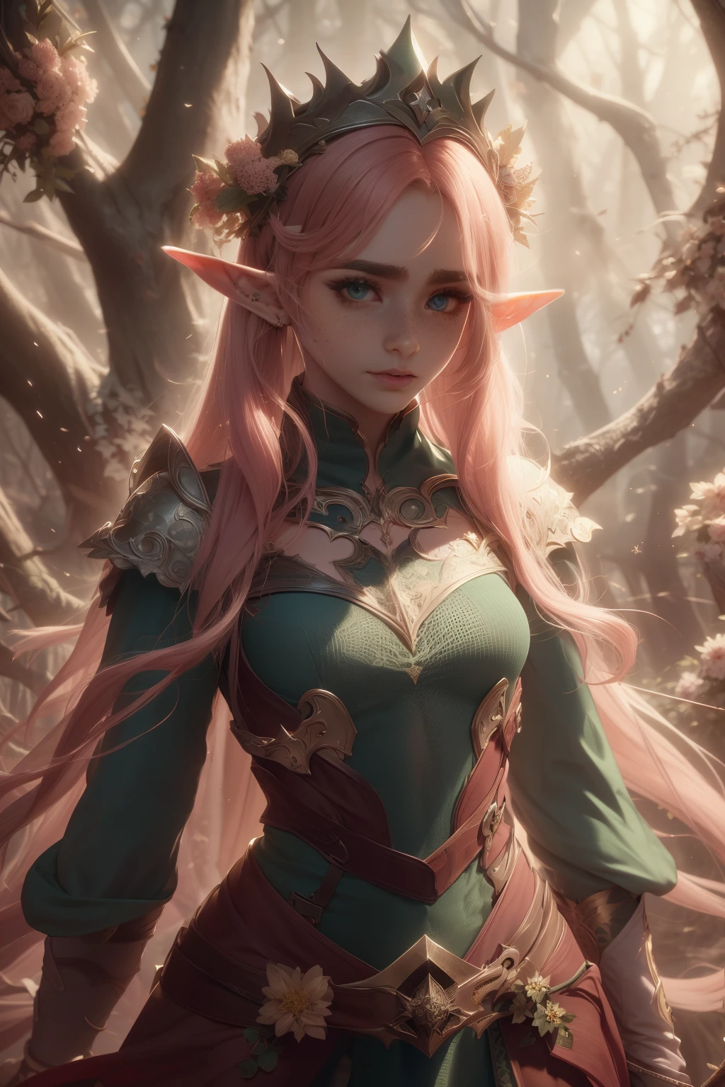 Fantasy, medieval, ((best quality)), ((masterpiece)), (detailed), perfect face, perfect body, beautiful sexy elf, standing, heroic pose, long pink hair, big eyes, black eyeliner, small tits, freckles, outdoors, gloomy forest, crown of flowers on head