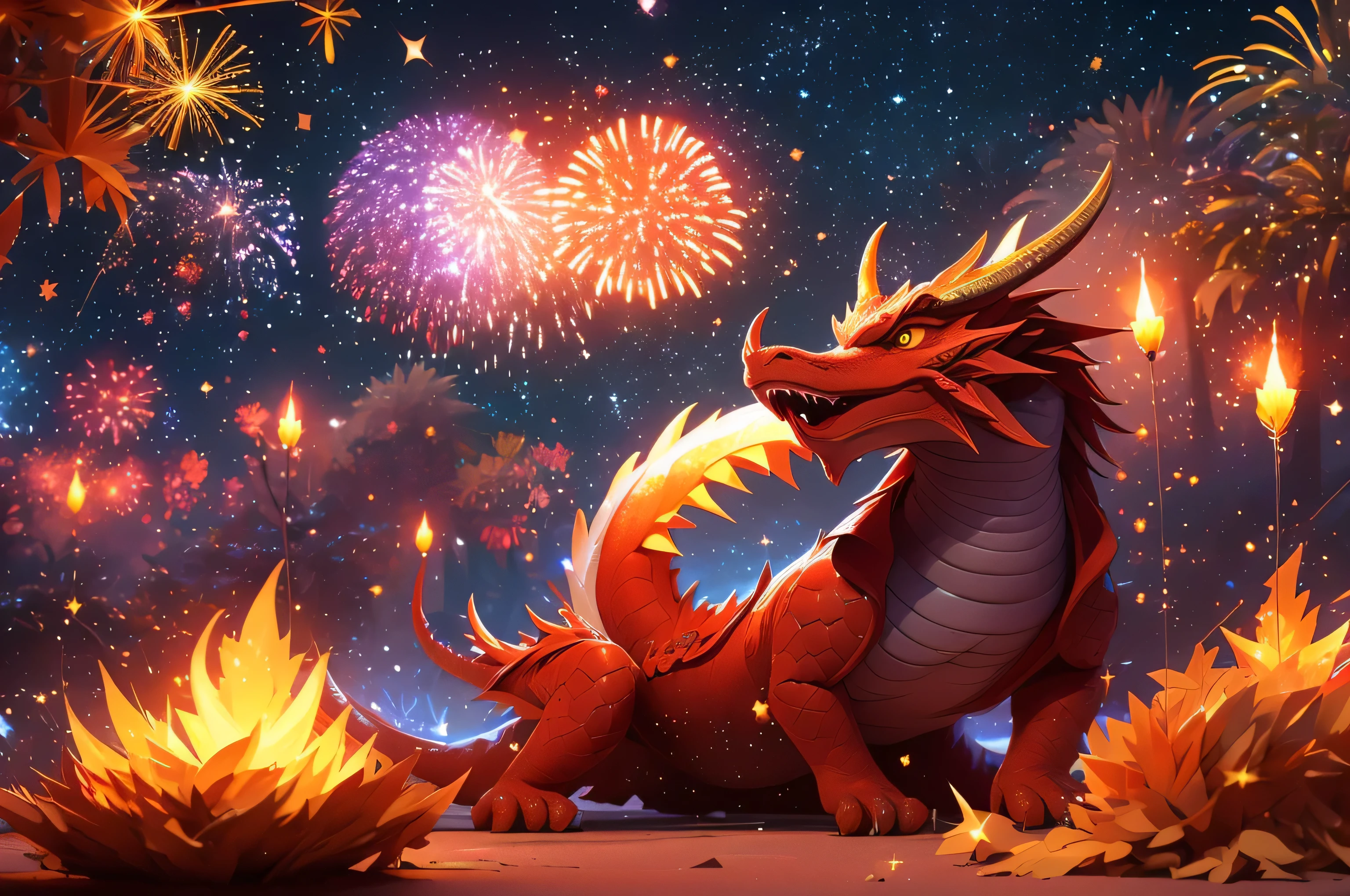 pic，There are fireworks in the night sky，The night sky is illuminated by fireworks，Colorful fireworks，There is a huge glowing red Chinese dragon，，The background is the Aurora and the Great Wall。The distance is written with the number 2024，The color is very festive，influencer