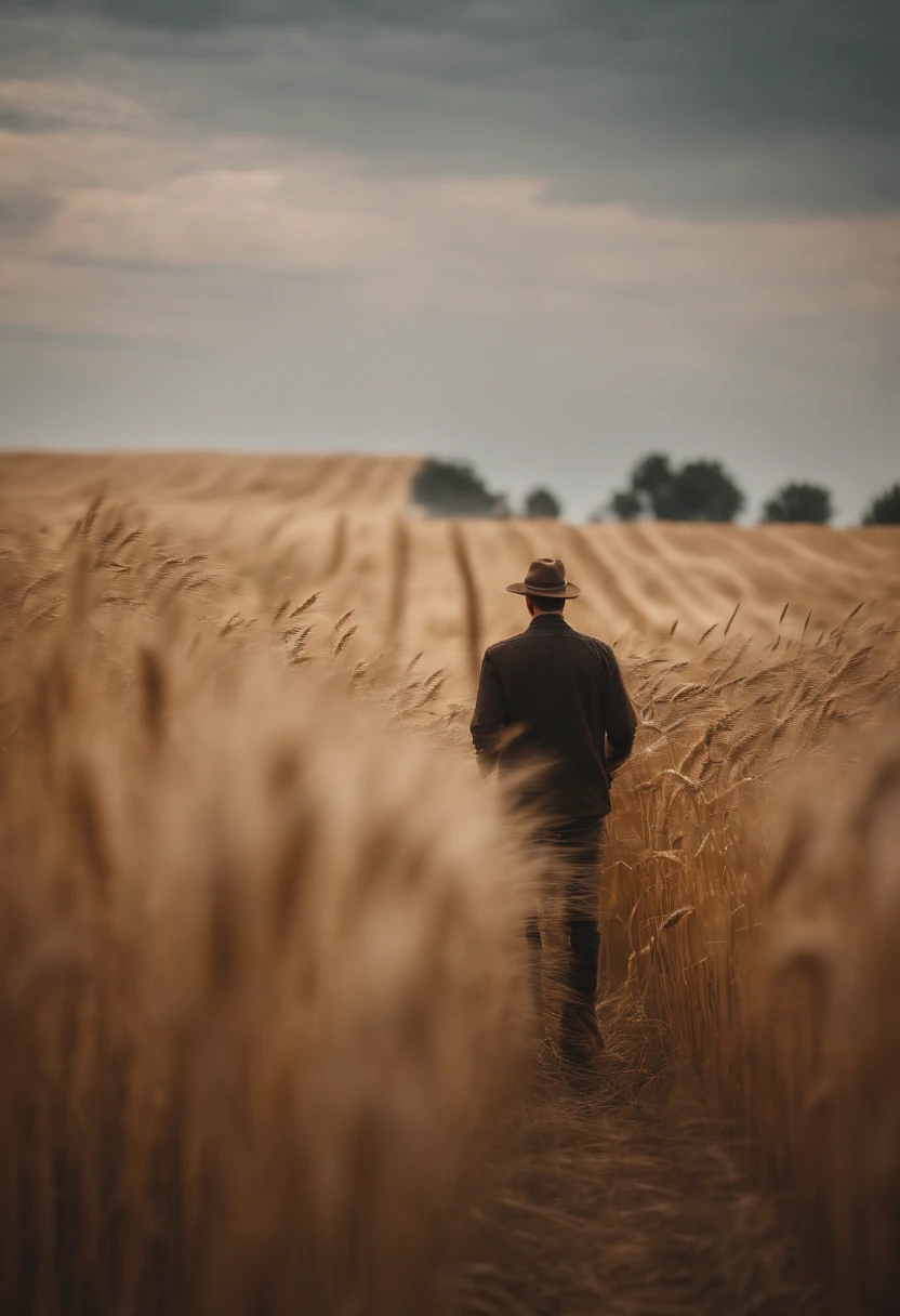 a lifestyle shot of a person walking through a wheat field, surrounded by the tall stalks, capturing the sense of being immersed in the beauty of nature