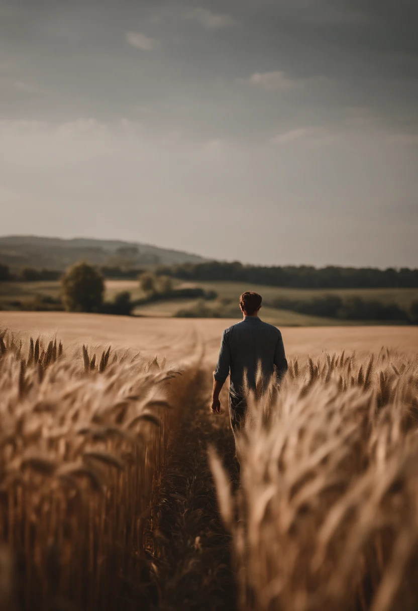 a lifestyle shot of a person walking through a wheat field, surrounded by the tall stalks, capturing the sense of being immersed in the beauty of nature