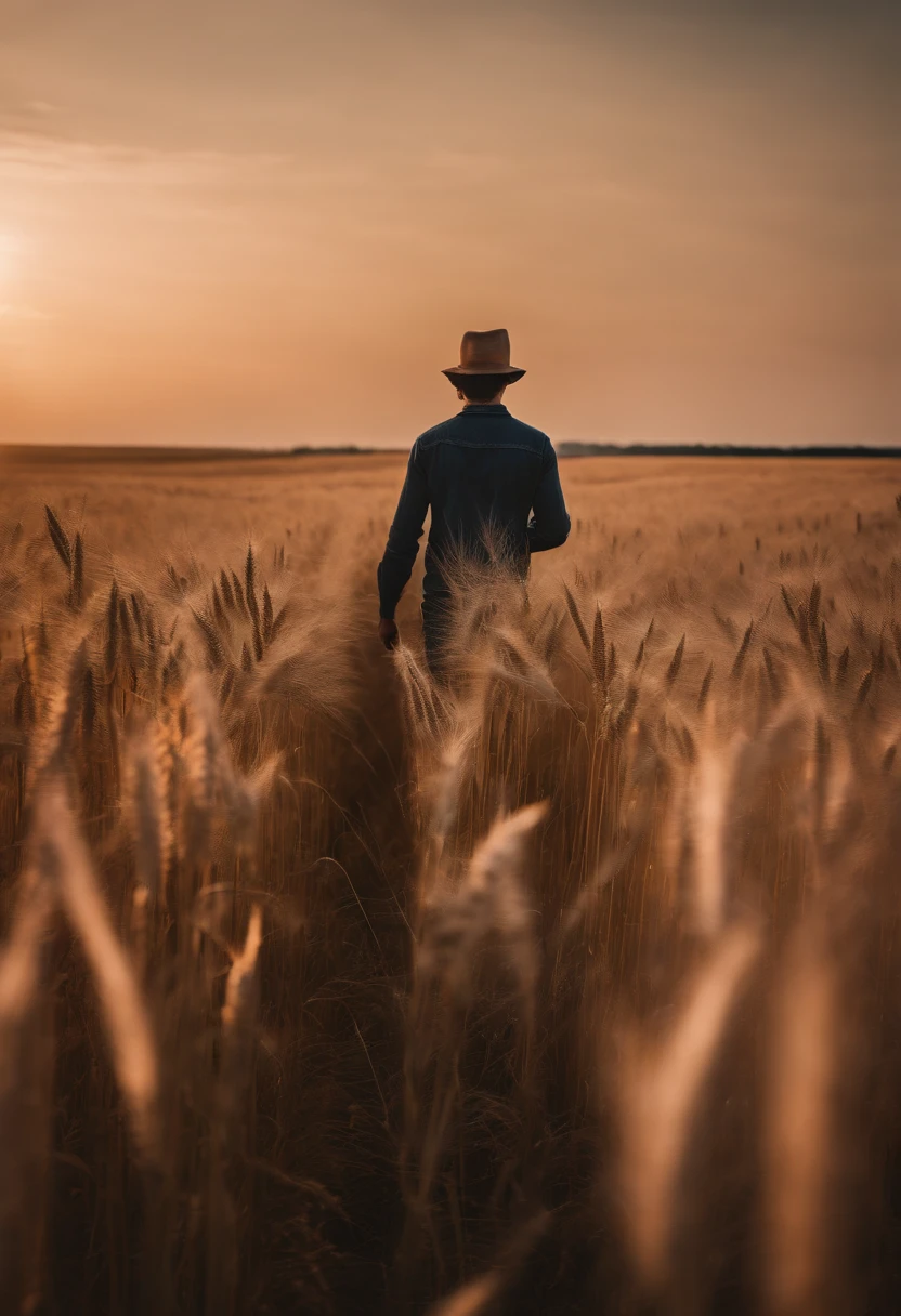 a lifestyle shot of a person walking through a wheat field, surrounded by the tall stalks, capturing the sense of being immersed in the beauty of nature