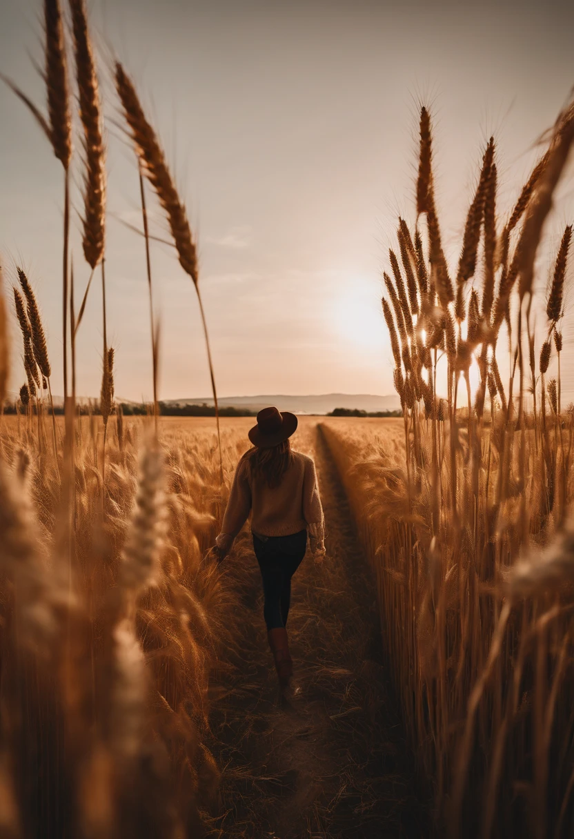 a lifestyle shot of a person walking through a wheat field, surrounded by the tall stalks, capturing the sense of being immersed in the beauty of nature