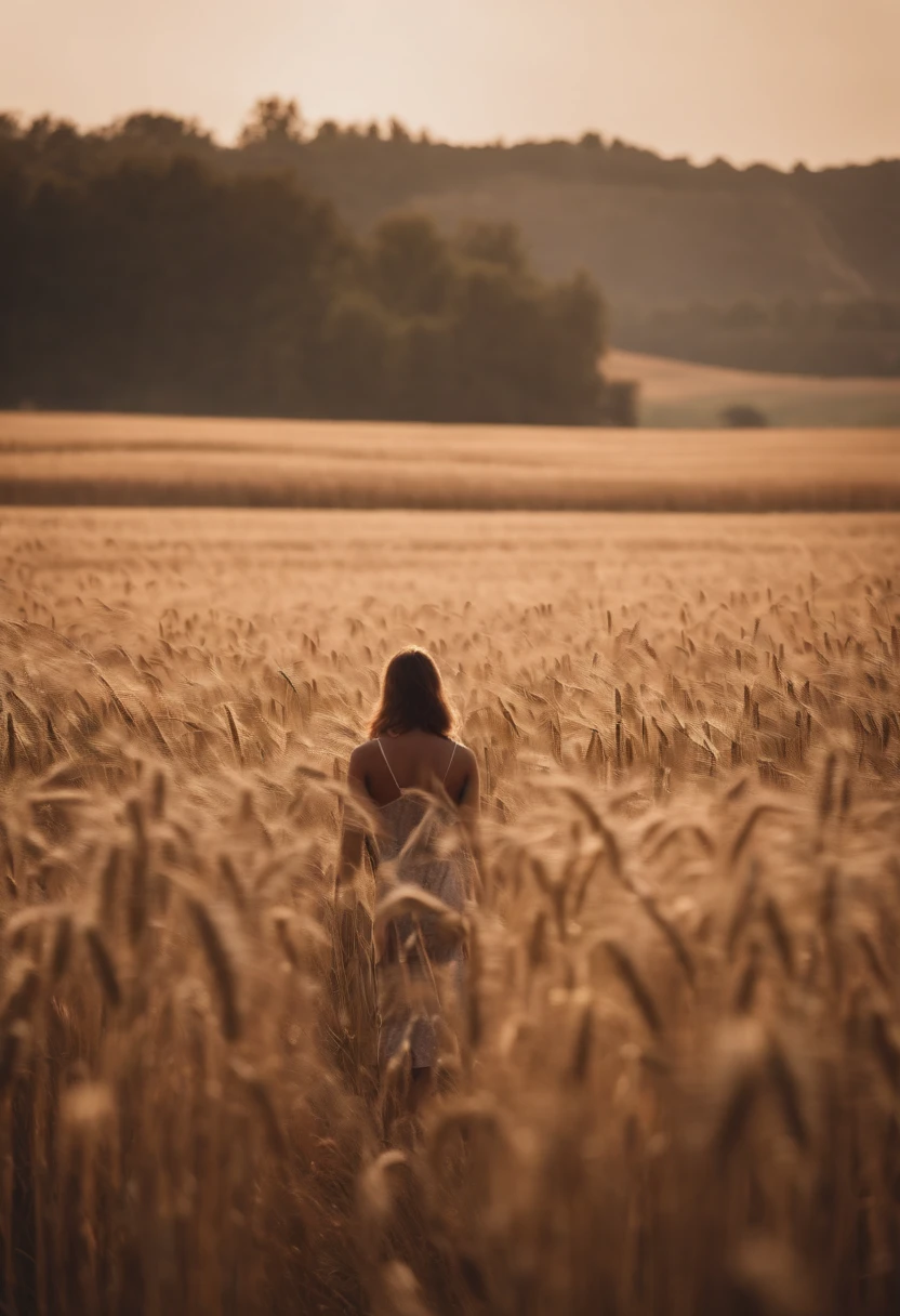 a lifestyle shot of a person walking through a wheat field, surrounded by the tall stalks, capturing the sense of being immersed in the beauty of nature