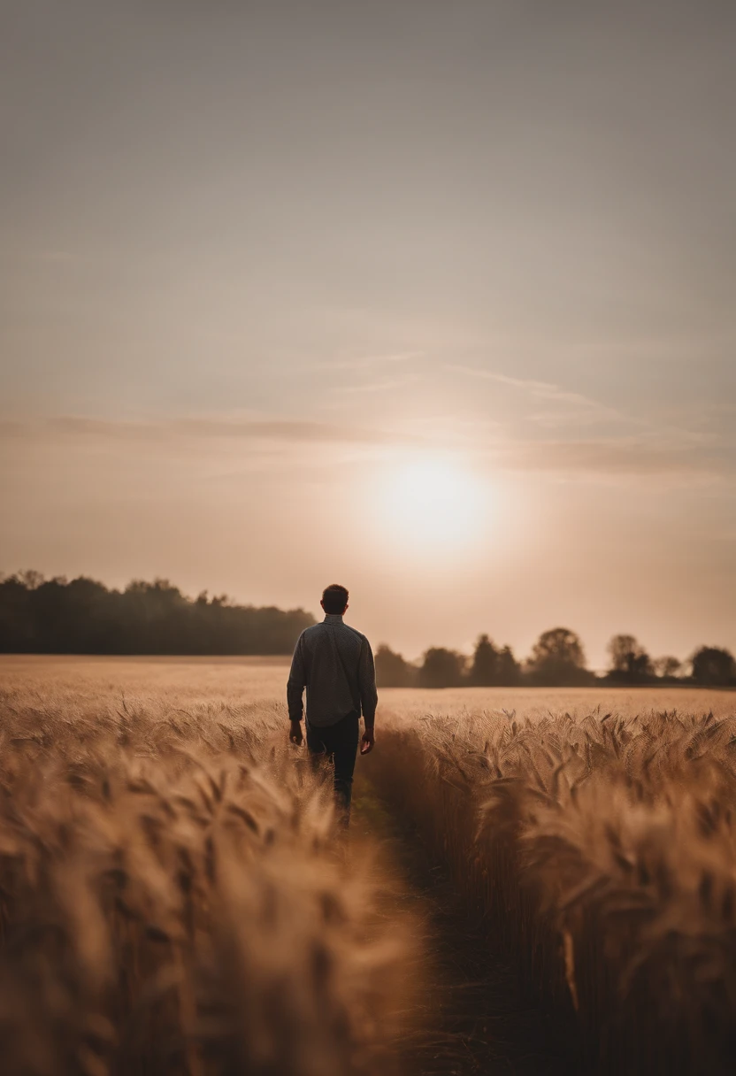 a lifestyle shot of a person walking through a wheat field, surrounded by the tall stalks, capturing the sense of being immersed in the beauty of nature