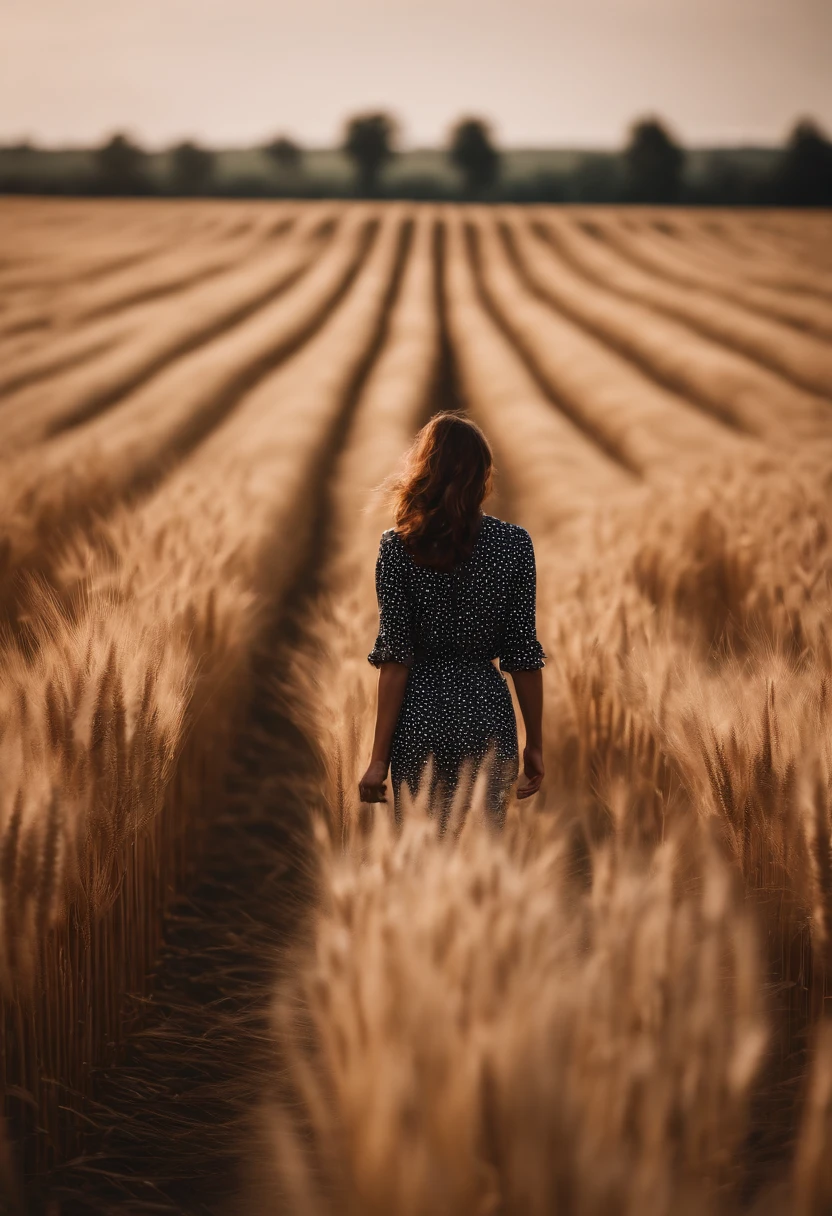 a lifestyle shot of a person walking through a wheat field, surrounded by the tall stalks, capturing the sense of being immersed in the beauty of nature