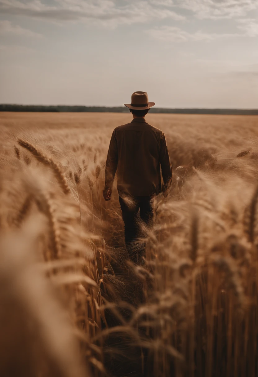 a lifestyle shot of a person walking through a wheat field, surrounded by the tall stalks, capturing the sense of being immersed in the beauty of nature