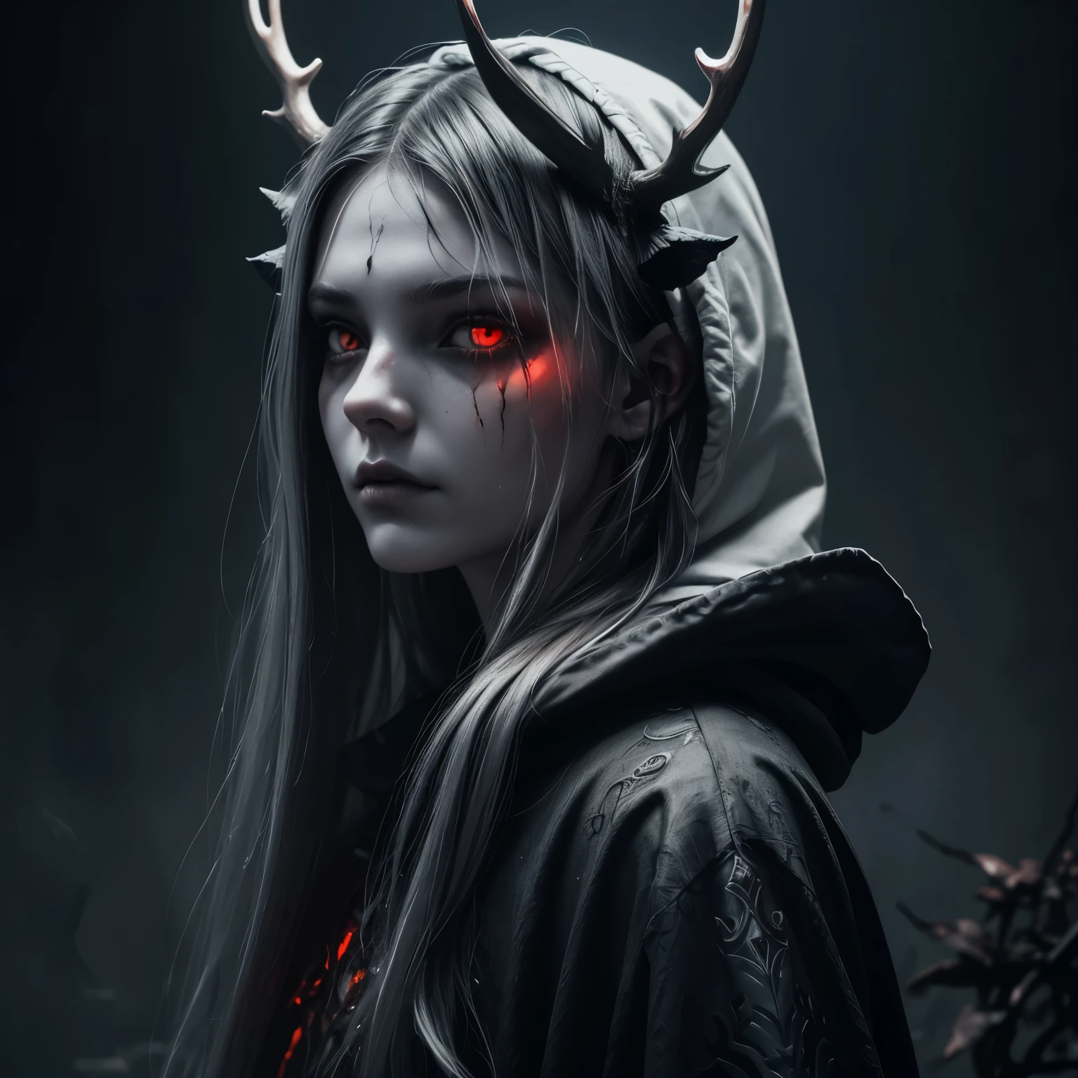 dark, unholy, evil, astral, creepy style, undead, rotting skin, mystical, nice perfect face with soft skin, young beautiful girl portrait from side, grey smoke, mist, night, hood, white long hair, antlers, red empty eyes, red glow