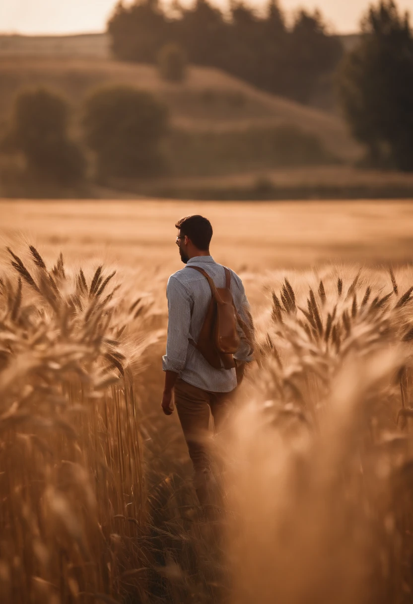 a lifestyle shot of a person walking through a wheat field, surrounded by the tall stalks, capturing the sense of being immersed in the beauty of nature