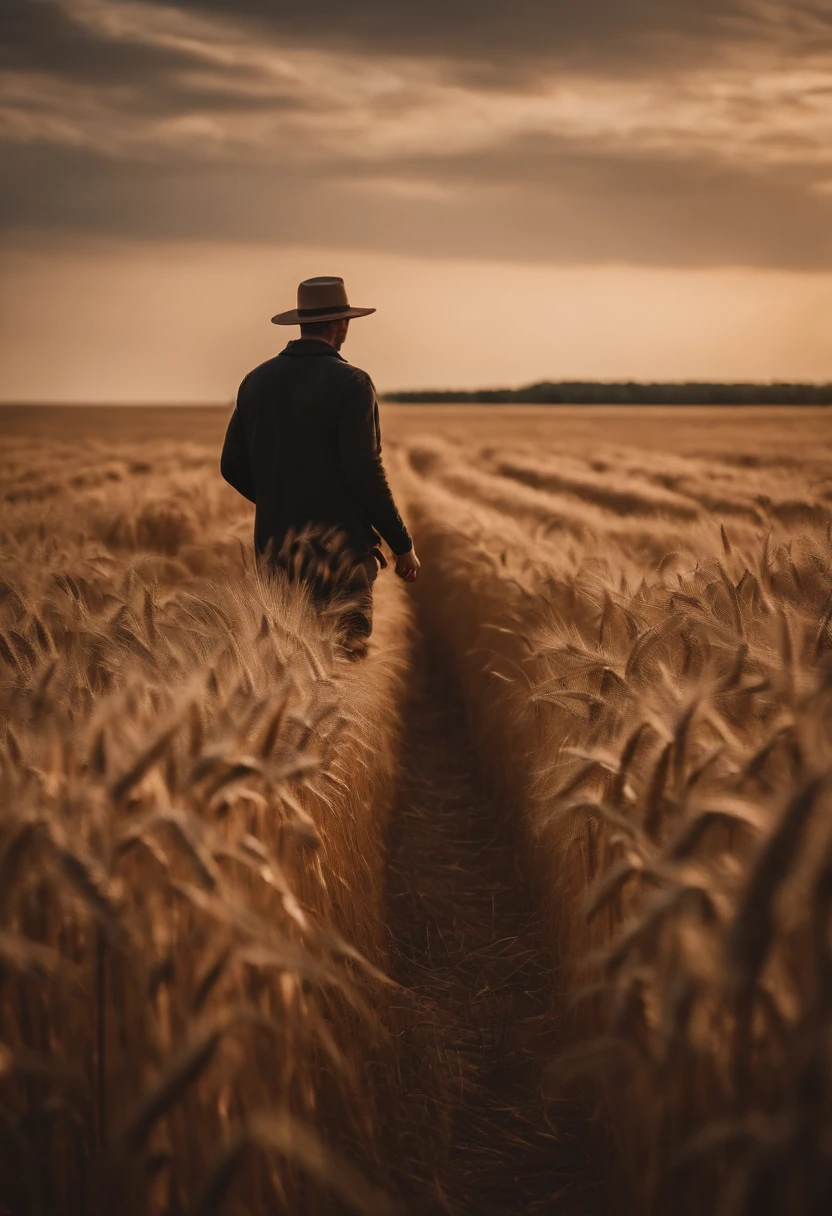 a lifestyle shot of a person walking through a wheat field, surrounded by the tall stalks, capturing the sense of being immersed in the beauty of nature