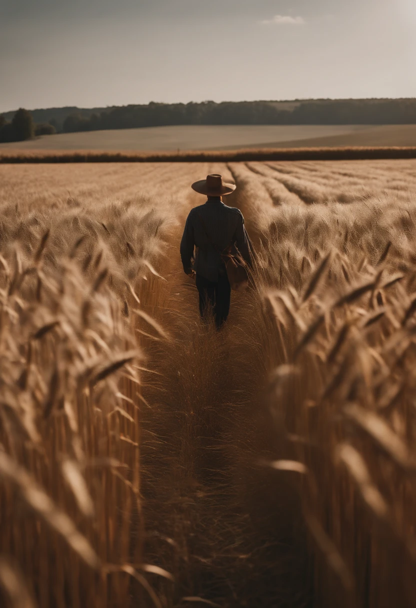 a lifestyle shot of a person walking through a wheat field, surrounded by the tall stalks, capturing the sense of being immersed in the beauty of nature