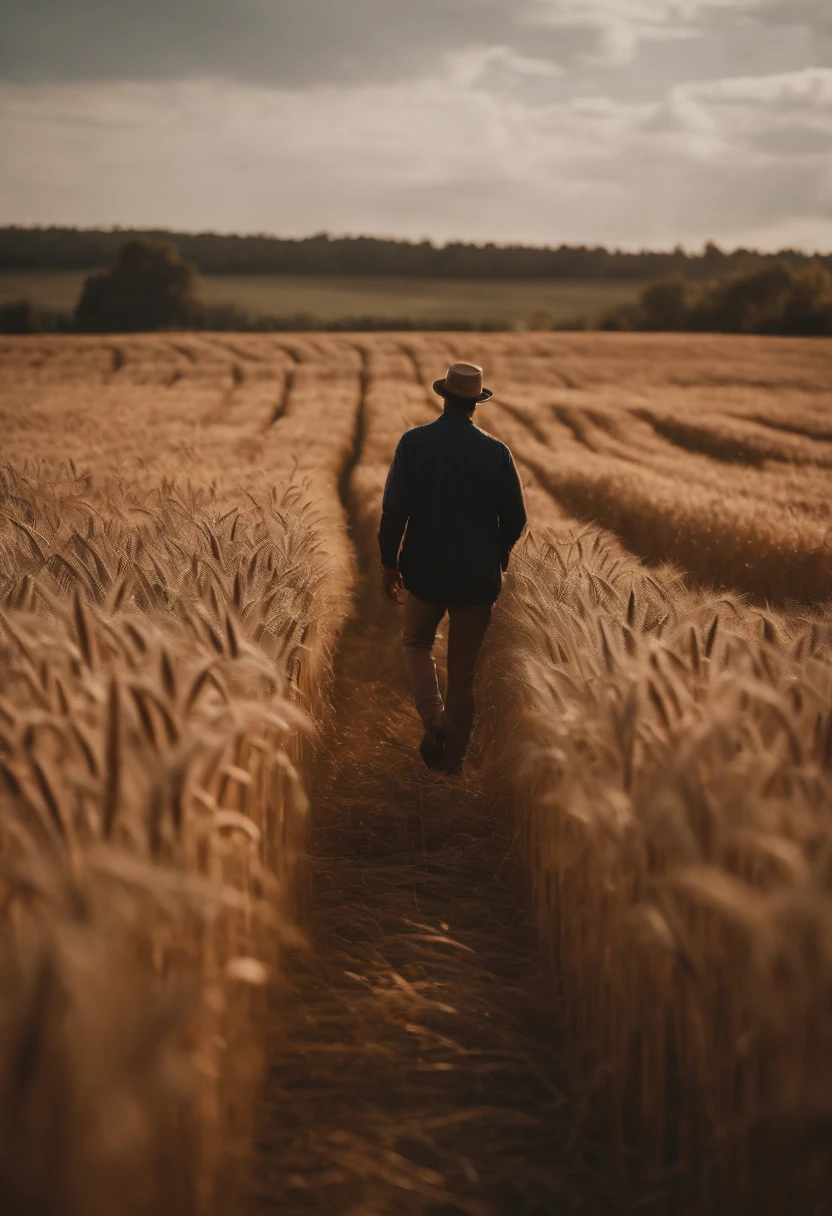a lifestyle shot of a person walking through a wheat field, surrounded by the tall stalks, capturing the sense of being immersed in the beauty of nature