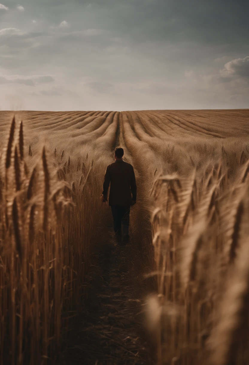 a lifestyle shot of a person walking through a wheat field, surrounded by the tall stalks, capturing the sense of being immersed in the beauty of nature
