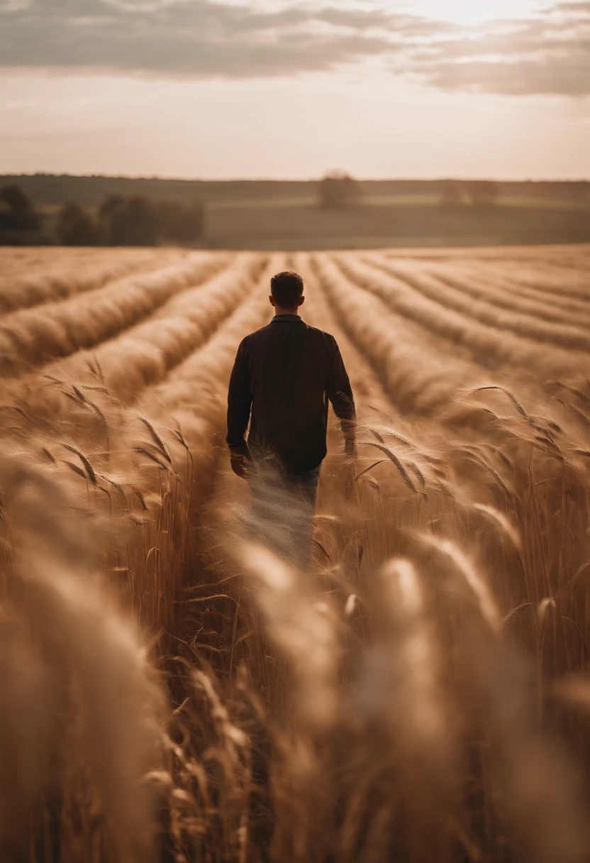 a lifestyle shot of a person walking through a wheat field, surrounded by the tall stalks, capturing the sense of being immersed in the beauty of nature
