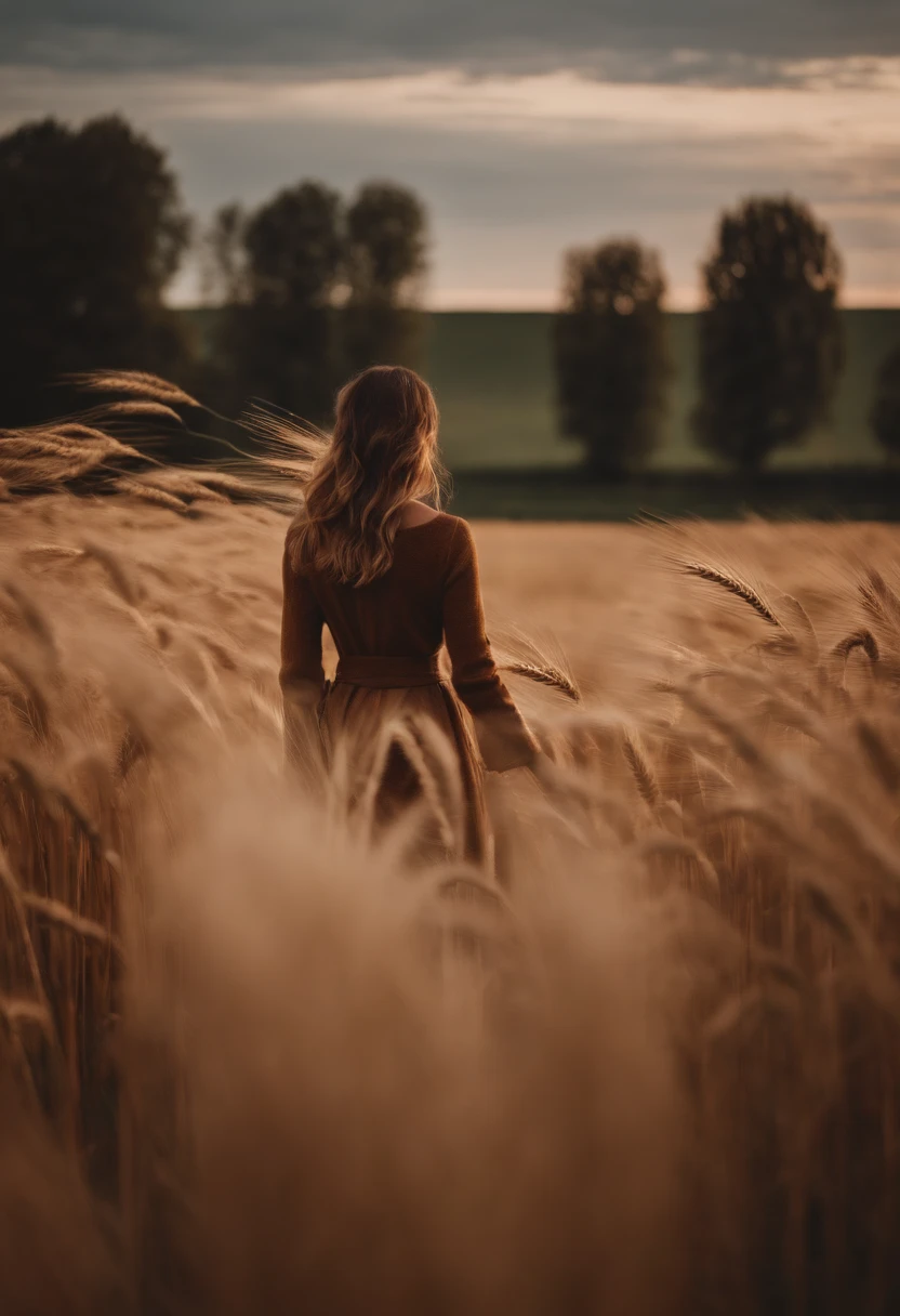 a lifestyle shot of a person walking through a wheat field, surrounded by the tall stalks, capturing the sense of being immersed in the beauty of nature