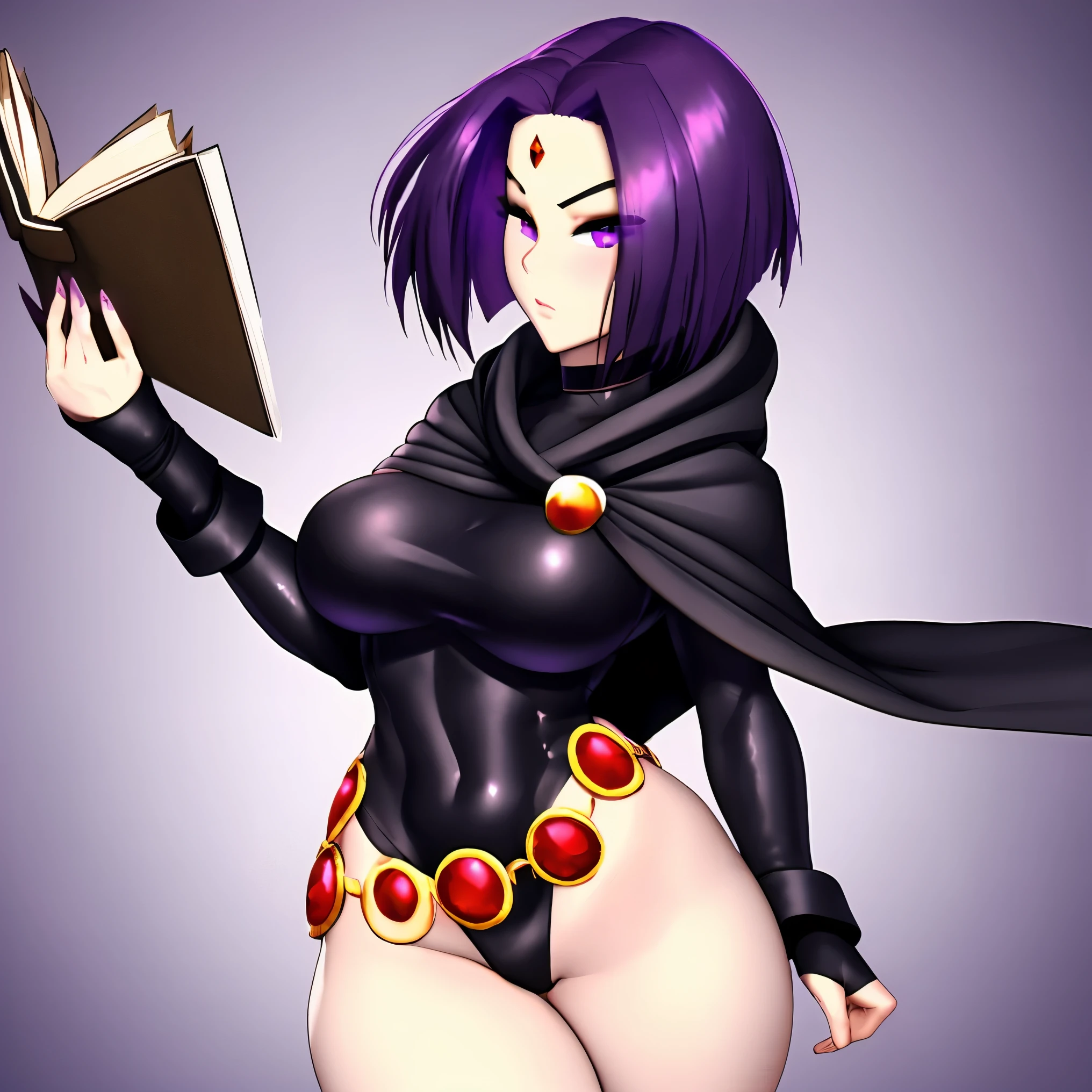 (raven_dc), 1girl, solo, looking at viewer, short hair, large breasts, simple background, white background, jewelry, medium breasts, purple eyes, full body, purple hair, thighs, boots, belt, hood, cape, leotard, book, covered navel, colored skin, highleg, ass visible through thighs, thigh gap, gem, black leotard, bridal gauntlets, highleg leotard, floating, open book, grey skin, forehead jewel, floating object,3D