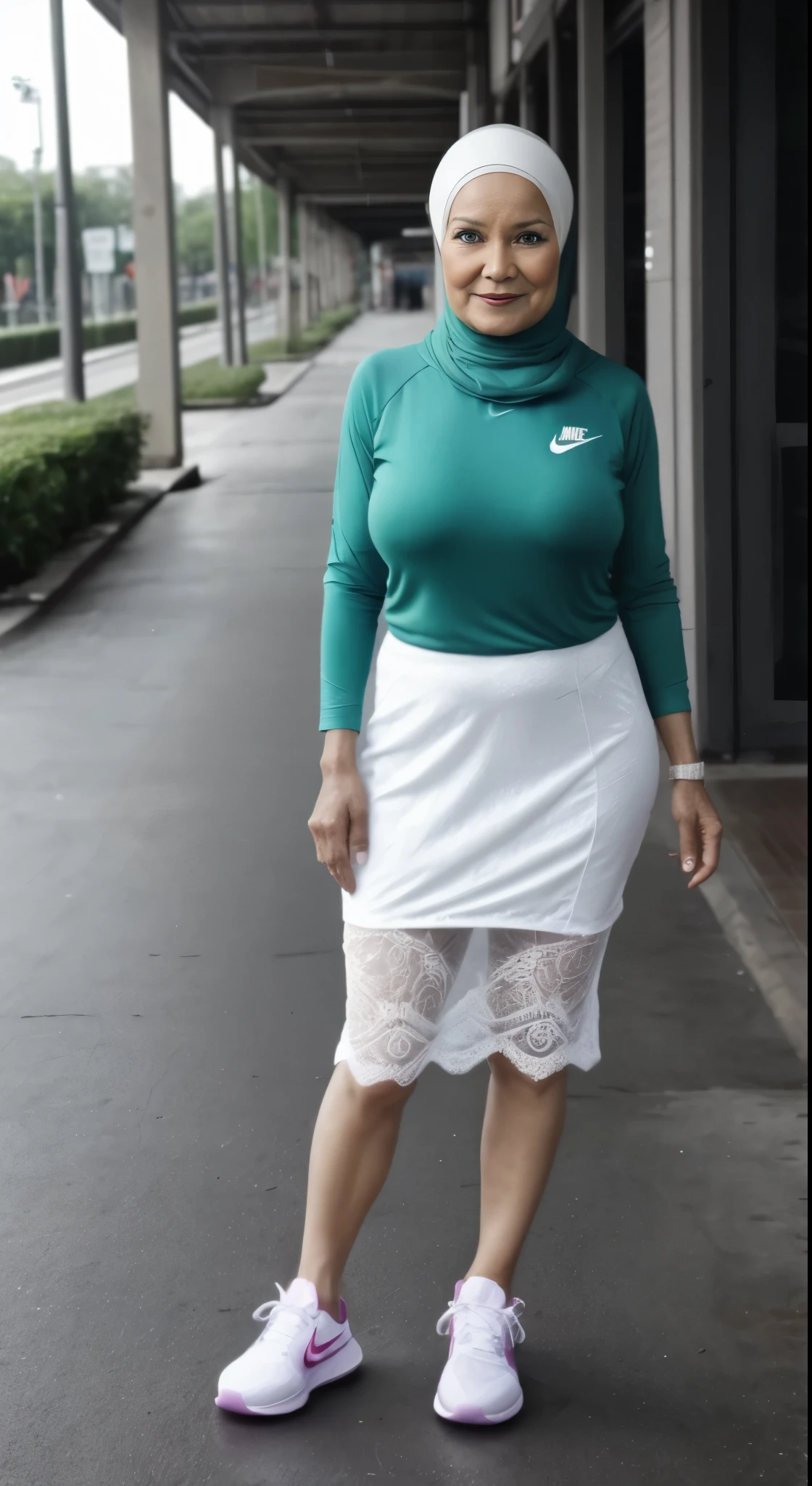 86 Years old, Indonesian mature woman, wearing Hijab, white skin like porcelain, Perfect body, Full body, natural Gigantic mature breast : 98.9, gorgeous eyes, Soft smile, wear a Tight Lace Bra, Wet Lace Bra :12.8, Sweaty body : 5.9, Breast about to burst out, Saggy BREASTS, (GREEN), NIKE, ATMOSPHERE IN THE VILLAGE, NET STOCKINGS, NET STOCKINGS. ((NIKE SNEAKERS)), LACE, WATER THEME PARK.