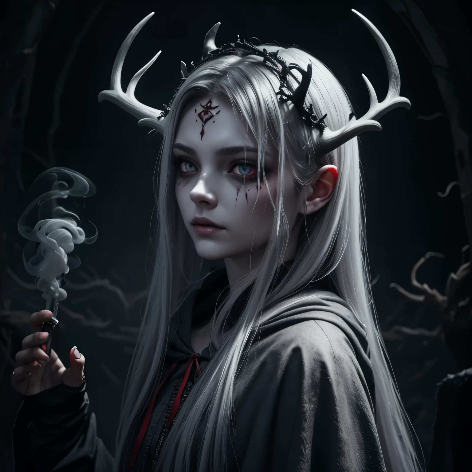 dark, unholy, evil, astral, creepy style, undead, rotting skin, mystical, nice perfect face with soft skin, young beautiful girl portrait on fire, grey smoke, mist, night, hood, long hair, antlers, white empty eyes, from side, red glow, knife