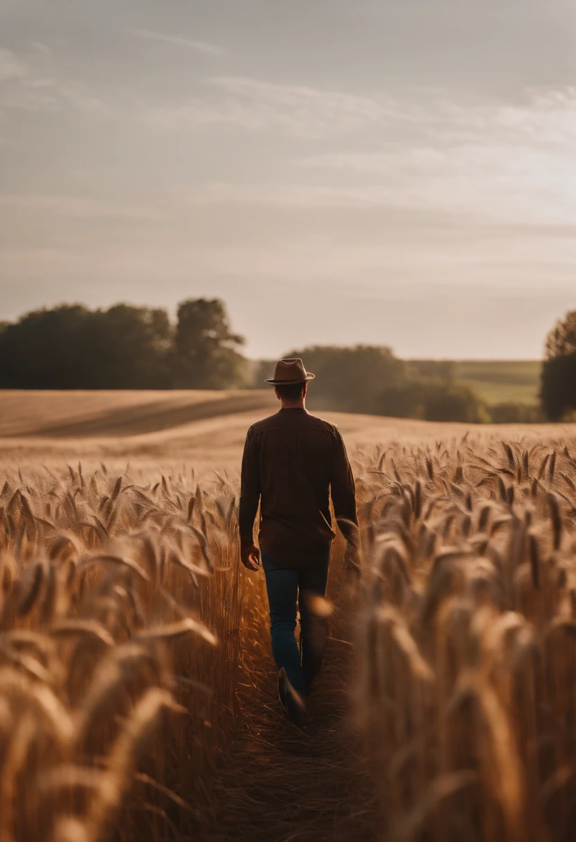 a lifestyle shot of a person walking through a wheat field, surrounded by the tall stalks, capturing the sense of being immersed in the beauty of nature