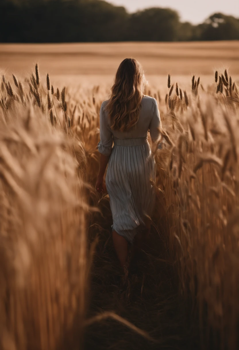a lifestyle shot of a person walking through a wheat field, surrounded by the tall stalks, capturing the sense of being immersed in the beauty of nature