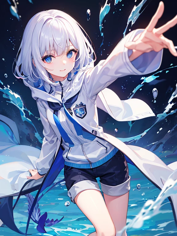 ((top-quality)), ((masterpiece)), ((ultra-detailliert)), (Extremely delicate and beautiful), girl with, report, cold attitude,((White hoodie)),彼女はwith theても(relax)with the(Settled down)Looks,depth of fields,Evil smile,Bubble, under the water, Air bubble,Underwater world bright light blue eyes,明るい白髪with the水色の先端を持つインナーカラー,,,,,,,,,,,,,,,,,,,,,,,Cold background,Bob Hair - Linear Art, shortpants、knee high socks、White uniform like school uniform、Light blue ribbon ties、Clothes are sheer、The hand in my right pocket is like a sapphire,Fronllesse Blue, A small blue light was floating、fantastic eyes、selfy,Self-shot、Bangs fall on the eyes, give a sexy impression.
