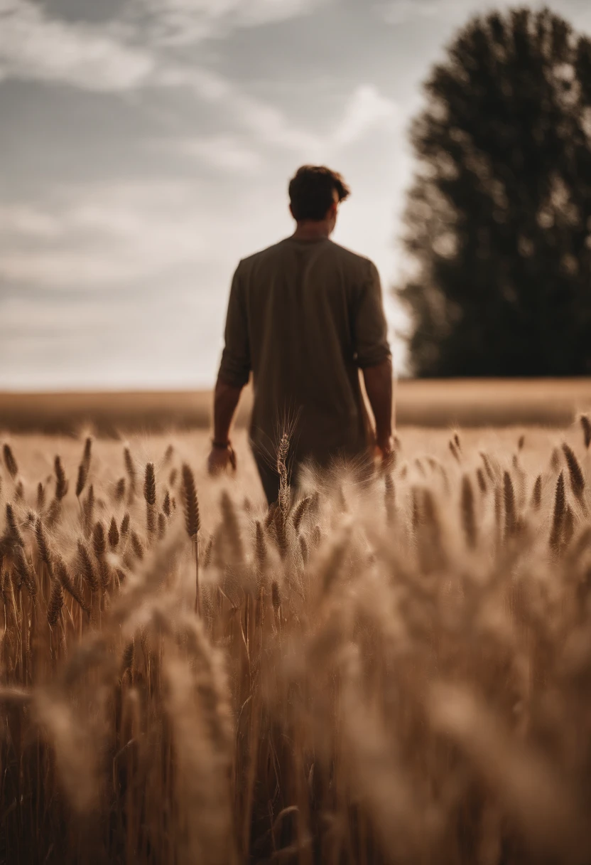 a lifestyle shot of a person walking through a wheat field, surrounded by the tall stalks, capturing the sense of being immersed in the beauty of nature