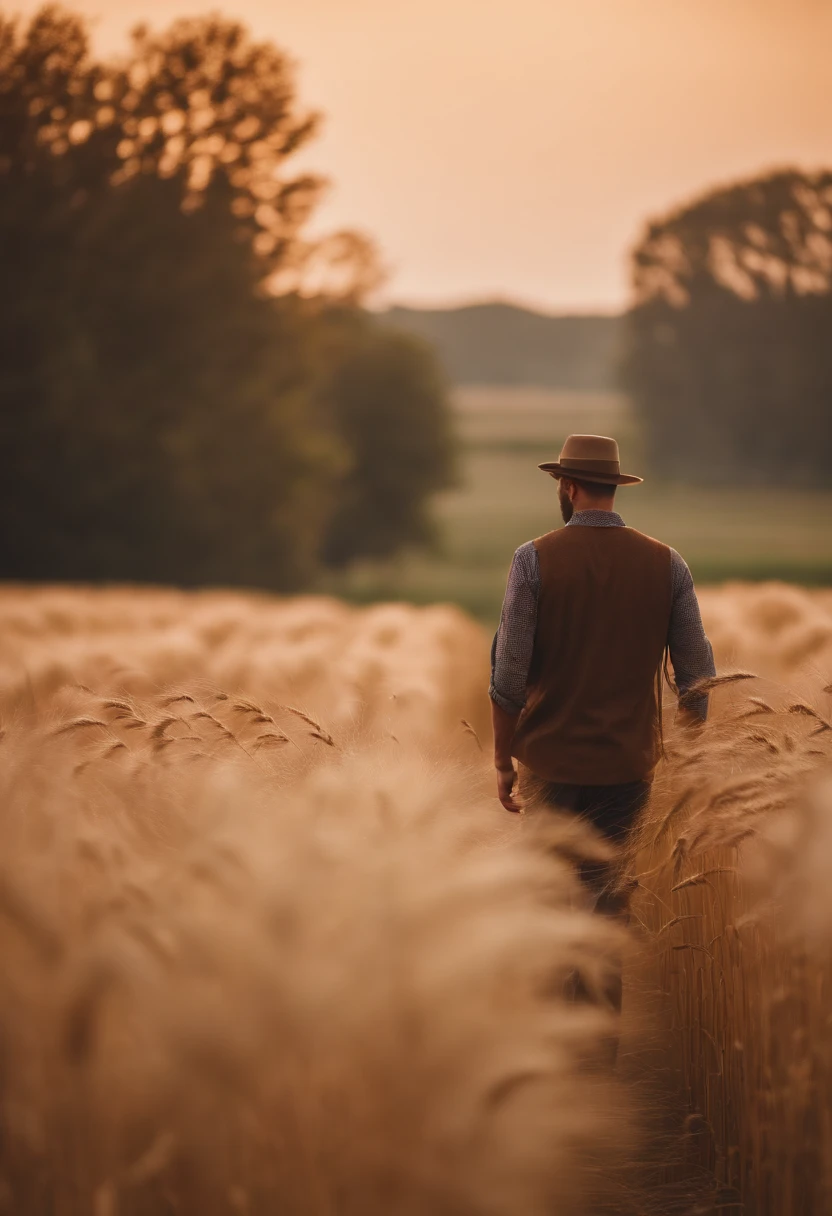 a lifestyle shot of a person walking through a wheat field, surrounded by the tall stalks, capturing the sense of being immersed in the beauty of nature