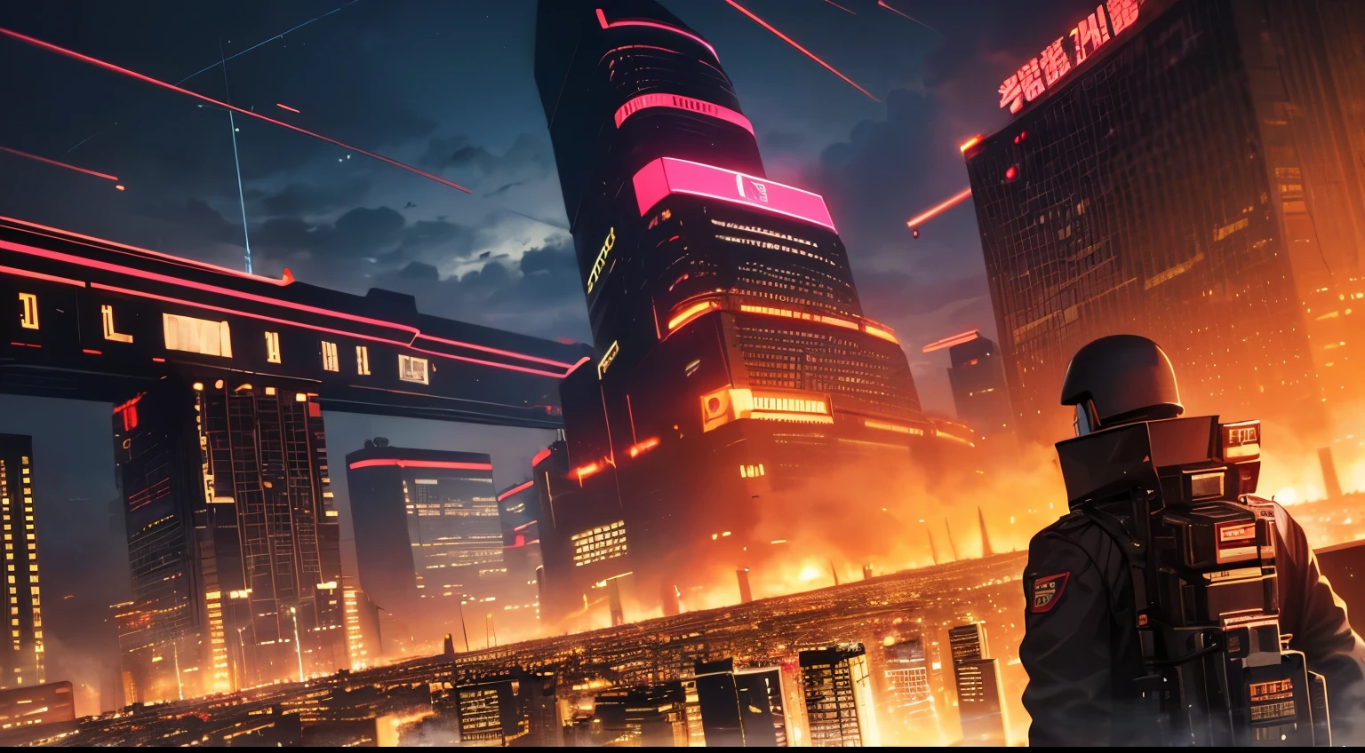 masterpiece, best quality, cyberpunk, anti-utopia, depressed, the city, skyscrapers, neon signs, military equipment, flames all around, very huge clouds of smoke, a large military crowd, military humans with cyberpunk guns in cybersuits, blood red hues